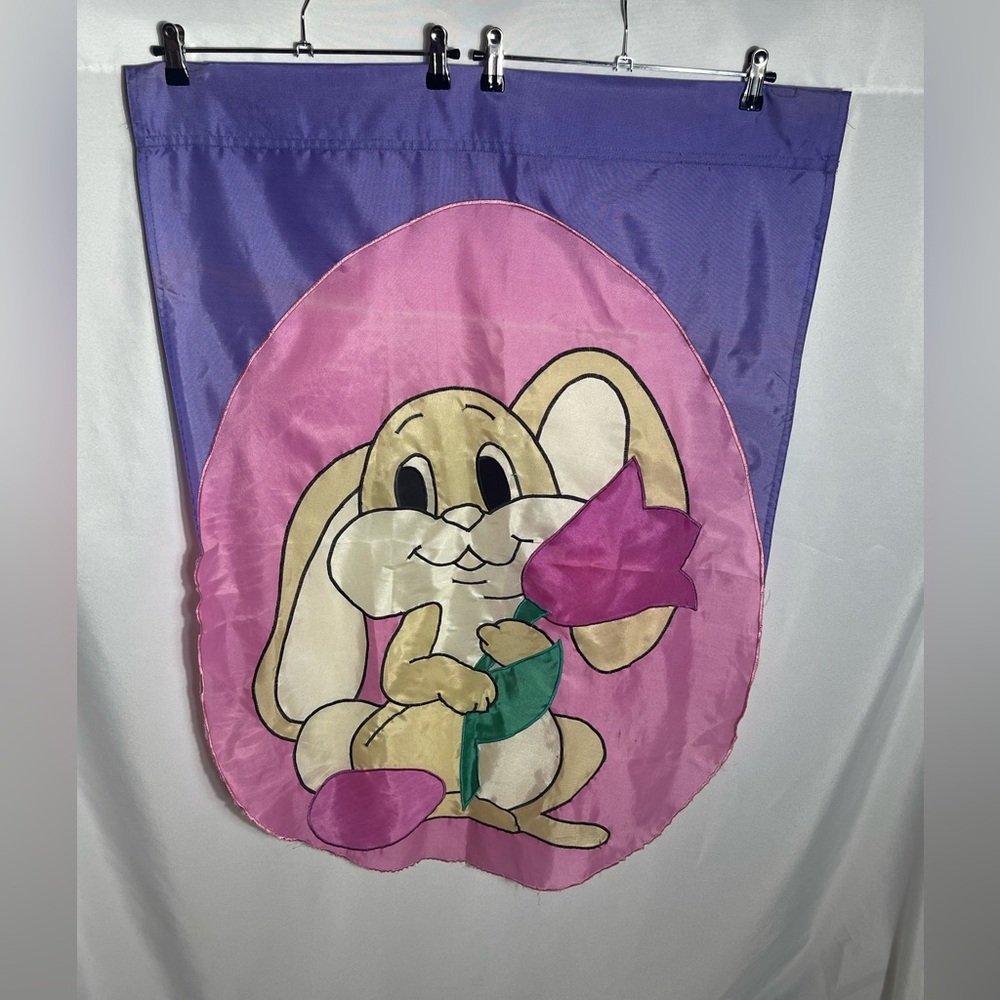 Vintage Easter Bunny Nylon Garden Flag Tulip Flower Purple Pink 27x40 Outdoor
